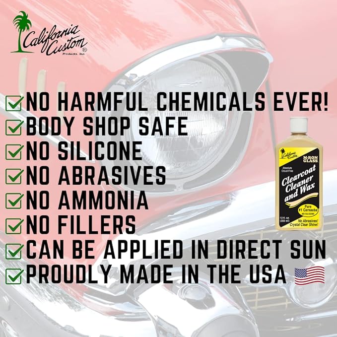 M-Ron Glass Clearcoat Cleaner & Wax with Finest Pure #1 Carnauba Wax, Seals and Protects With A Crystal Clear Shine, No Silicone, Can Be Applied In Direct Sun Light! 12 oz