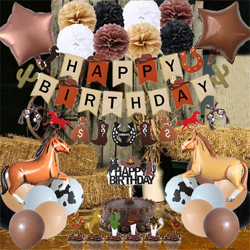 Western Cowboy Birthday Party Decoration, First Rodeo Retro Theme Party Supplies for Boys With Birthday Banner Horse Balloon Kit Star Balloons Tissue Pom Poms Cake Toppers