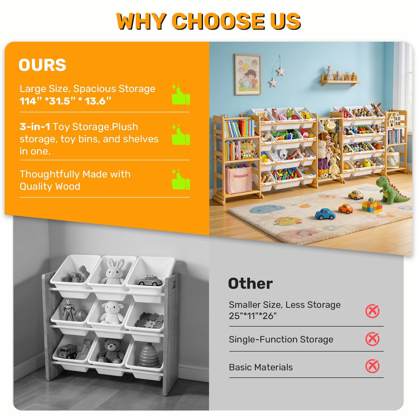 Yazzropt 114" Large Toy Storage Organizer with Bins Shelves & Stuffed Animal Storage for Kids Wood Toddler Playroom Organization with Bookshelf Toys Box Wooden Organizers for Kids Room Nursery Bedroom