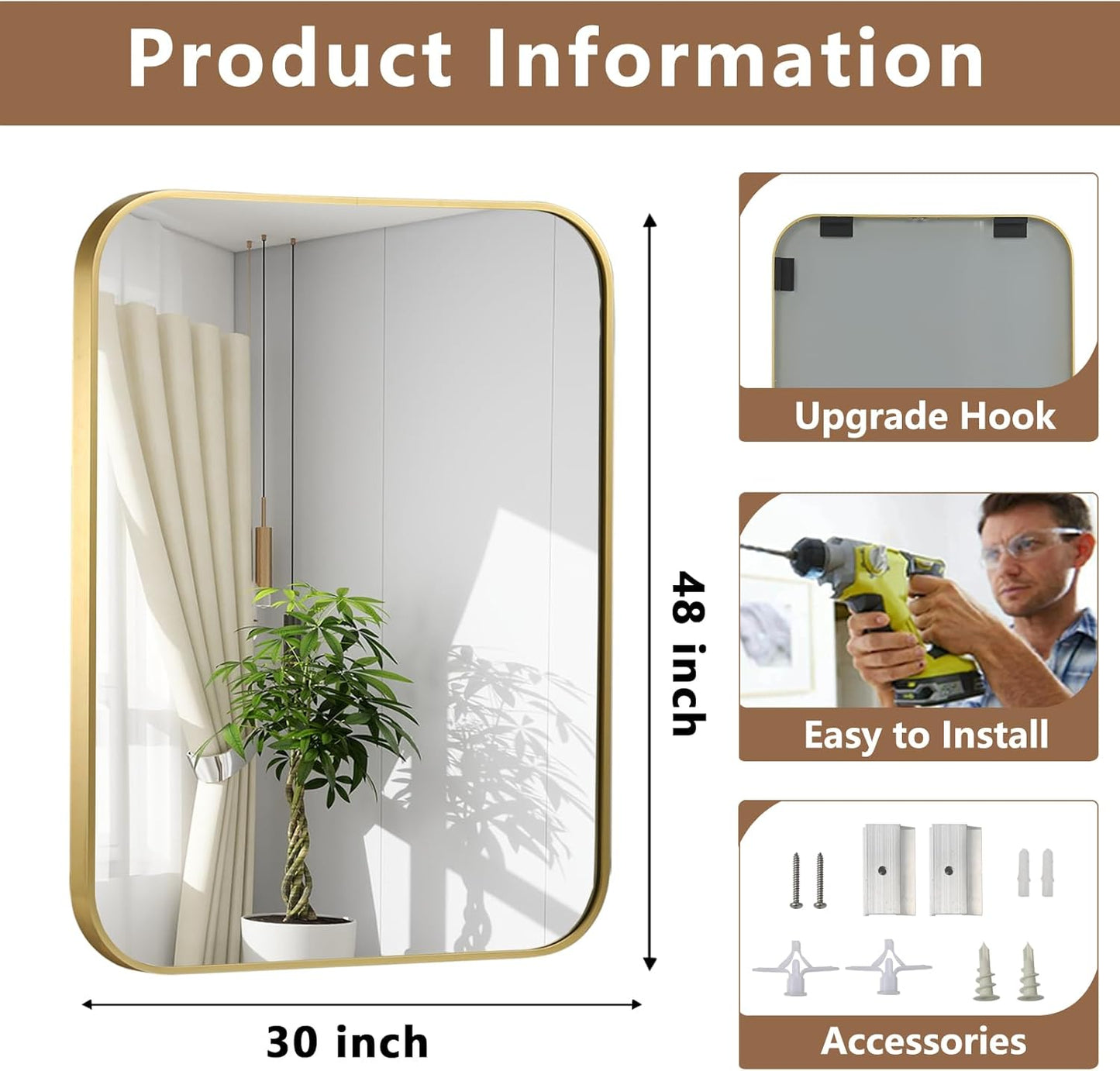 Brushed Gold Mirror, 48"x30" Rectangle Bathroom Mirror, Metal Frame Rectangle Corner Vanity Mirror, Wall Mounted Mirror for Modern, Living Room, Bedroom, Horizontal Or Vertical