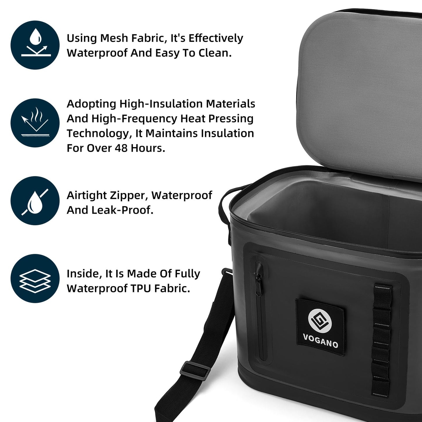 Vogano Soft Cooler - Insulated Leak-Proof Cooler Bag with Waterproof Zipper | 28 Can Portable Ice Chest for Camping, Beach, Travel, Picnic, Fishing (Dark Grey)