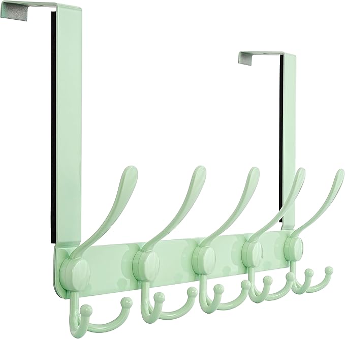 Dseap Over The Door Hook Hanger - 5 Tri Hooks, Heavy Duty Over The Door Towel Rack Coat Rack for Clothes Hat Towel,Green