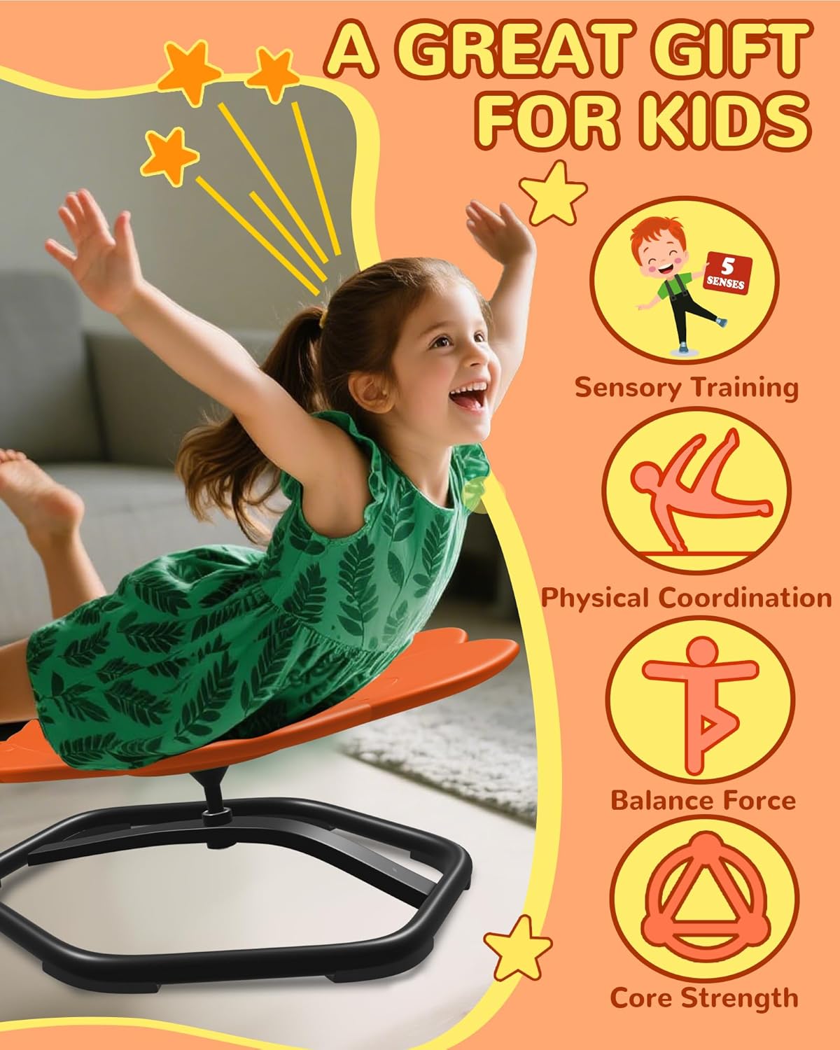 21" L × 19" W Spinning Chair for Autistic Kids, Sensory Toys for Kids with Autism, Sit and Spin, Toddlers & ADHD Children, Sensory Products Swivel Chair, Orange