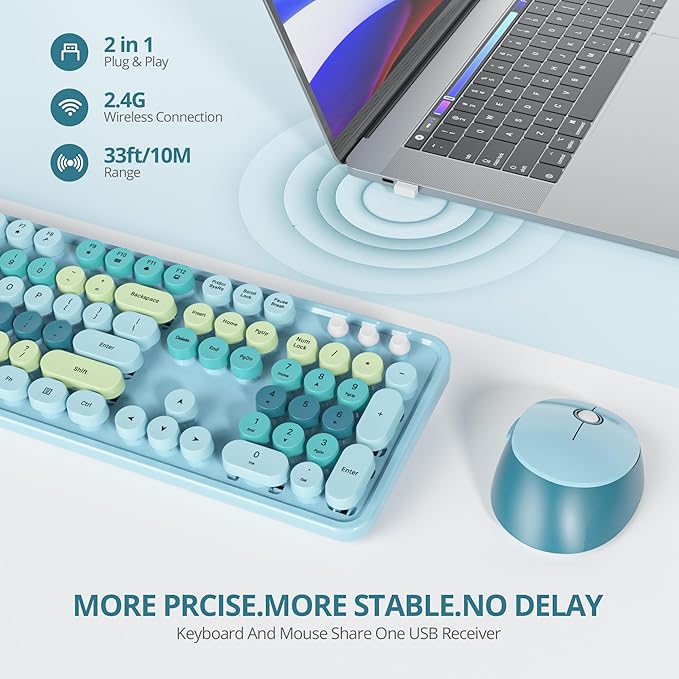 Owpkeenthy Blue Keyboard and Mouse Wireless，Cute Typewriter Keyboard Wireless 2.4GHz Full-Size with Retro Round Keycaps for Desktop, Laptop and Computer(Coloful Blue)