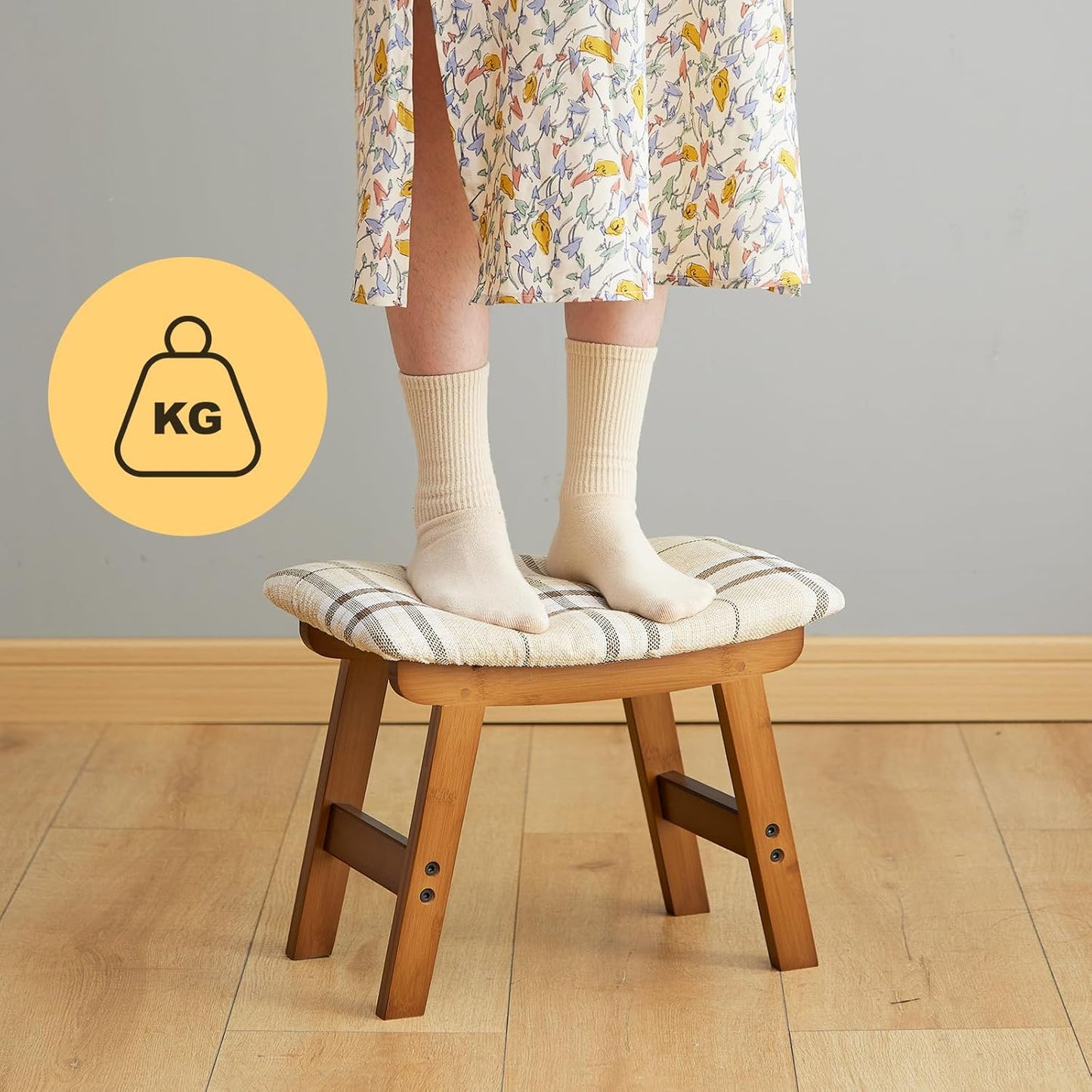 Foot Stool Ottoman Foot Rest Under Desk,Small Stool for Living Room, Bedroom and Kitchen (Brown Legs - Stripes Stool Surface)
