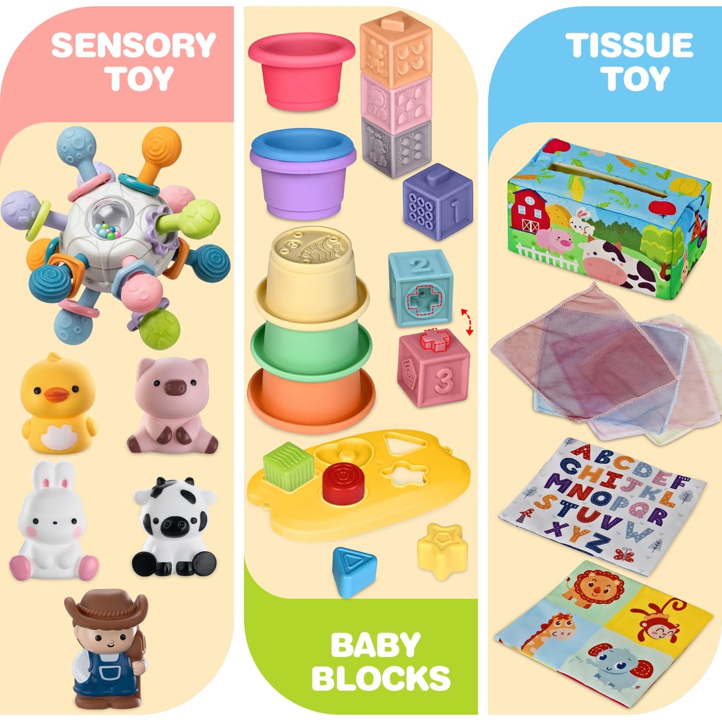 6 In 1 Baby Toys, 6-12 months Baby Toys, 0-6 12-18 Montessori Toddler Gifts For Toddlers, Farm Animals Playset & Teething & Stacking Building Block Cup & Tissue Box & Sensory Bin For Development