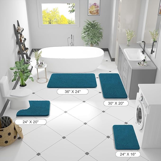OLANLY Bathroom Rugs 70x24, Extra Soft Absorbent Chenille Bath Rugs, Rubber Backing Quick Dry, Machine Washable Bath Mats for Bathroom Floor, Tub and Shower, Home Decor Accessories, Peacock Blue