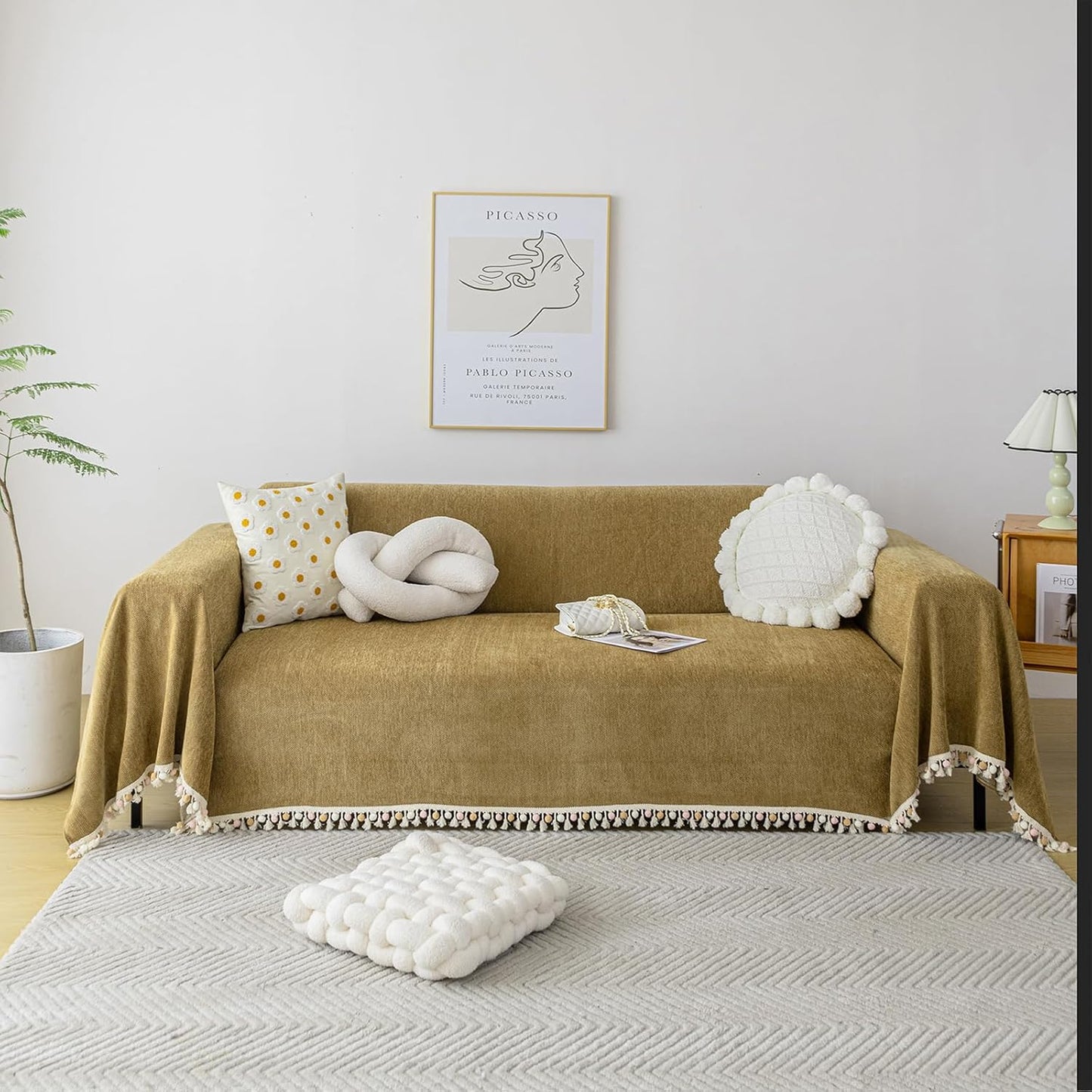 HANDONTIME Couch Covers for Pets Boho Mustard Yellow Love Seat Couch Covers Brown Sofa Cover for Dogs Pet Couch Protector Chenille Tassel Sofa Slipcovers Sofa Throw Cover Boho Decor for Living Room