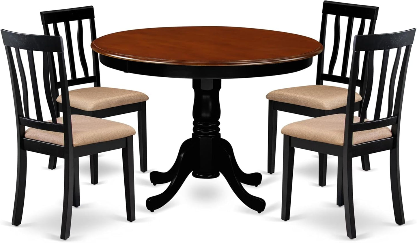 East West Furniture HLAN5-BCH-C 5 Piece Kitchen Table Set for 4 Includes a Round Dining Room Table with Pedestal and 4 Linen Fabric Upholstered Dining Chairs, 42x42 Inch, Black & Cherry