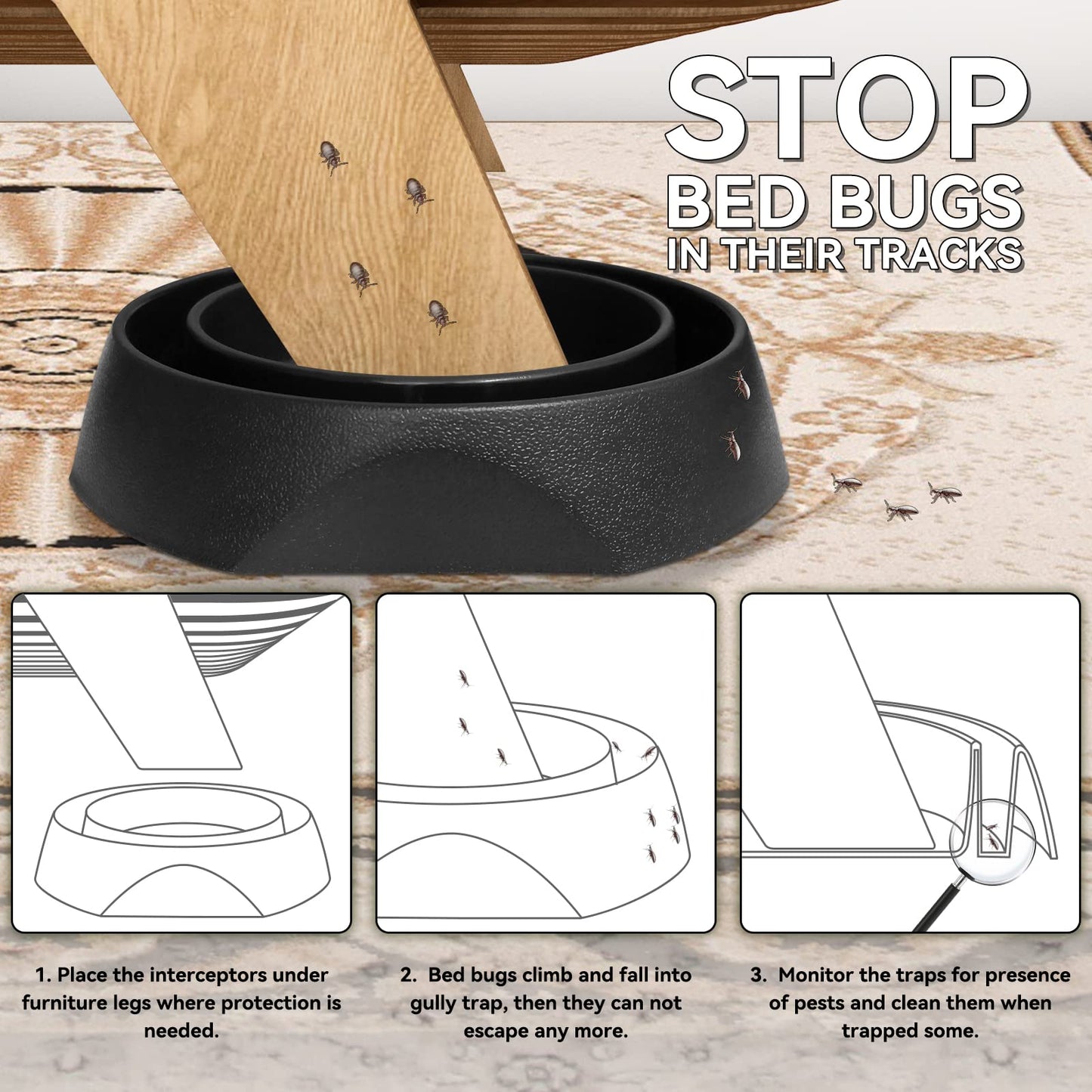 Bed Bug Interceptors | Bed Bug Interceptor Traps | Insect Trap, Monitor, and Detector for Bed Legs with Anti Skid Pads Included (Black - 8 Pcs)