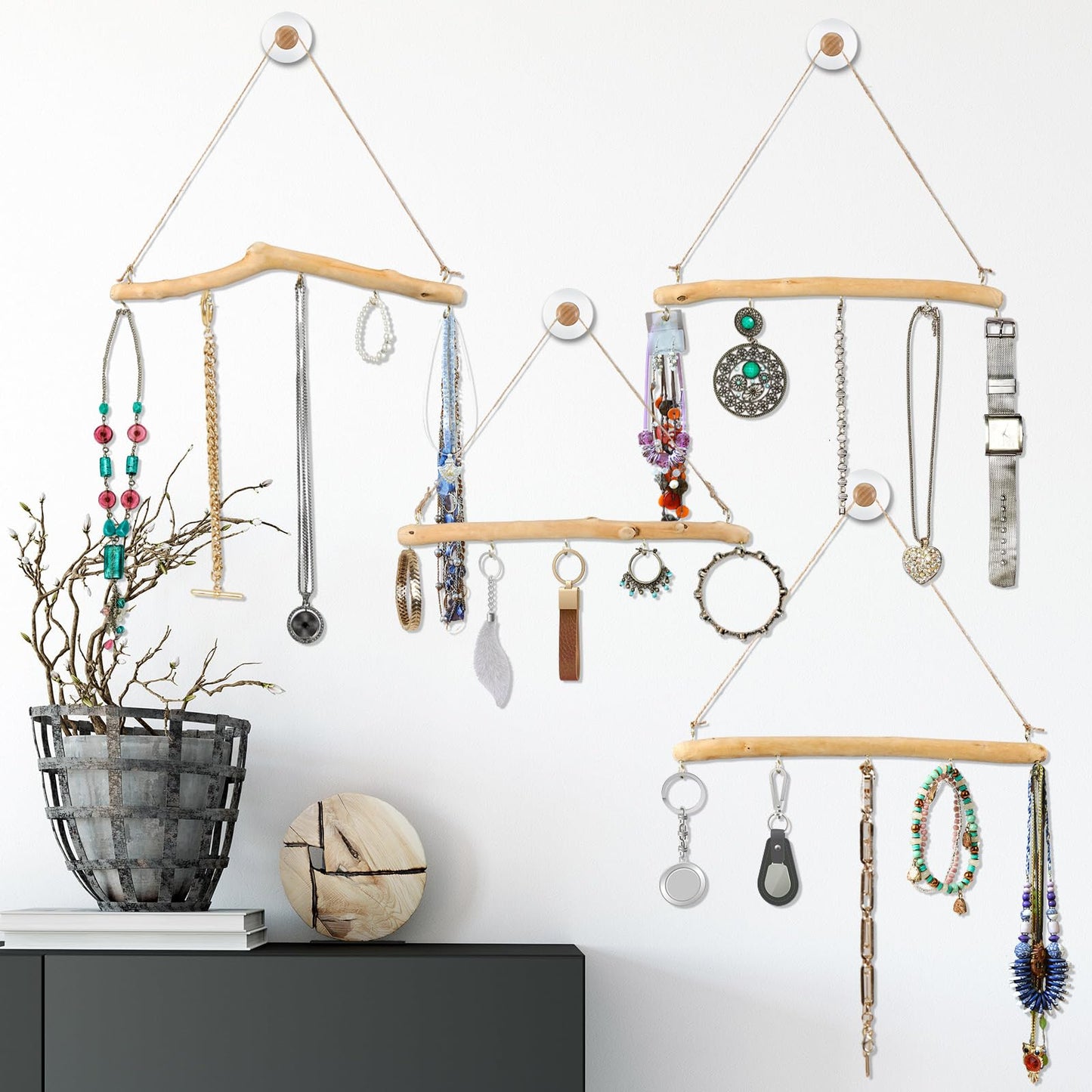 Chunful 4 Pcs 15 Inch Driftwood Wall Hanging Jewelry Hanger Rustic Wood Logs Hanging Branch Decor with 5 Hooks Natural Driftwood Decorative Branches Farmhouse Wooden Hook Mounted