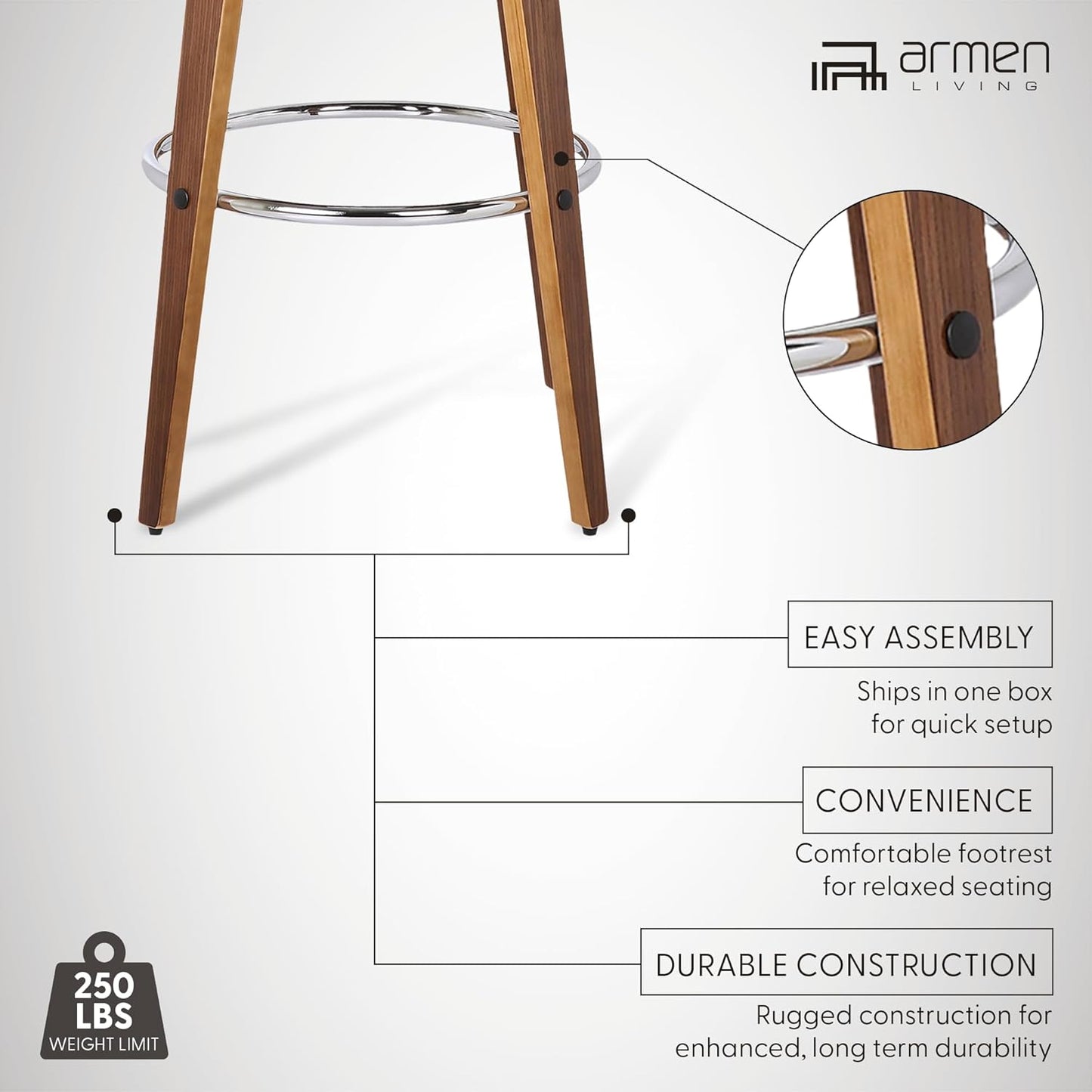 Armen Living Shelly 26" Counter Height Swivel Brown Faux Leather and Walnut Wood Bar Stool - Set of 2