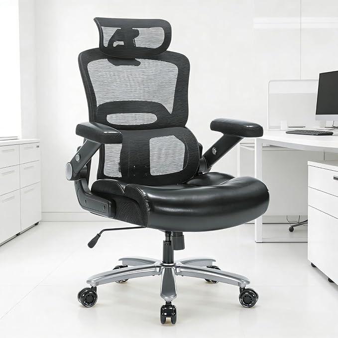 Big and Tall Ergonomic Office Chair 500lbs,High-Back Mesh & PU Leather Chair with 3D Headrest,3D Armrests, Adjustable Lumbar Support,Wide Seat Heavy Duty Executive Cpmputer Chair,Black