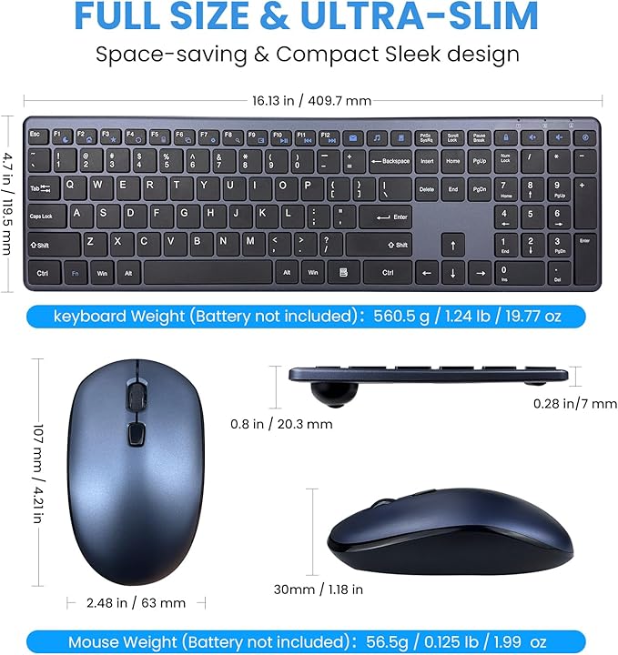 Wireless Keyboard and Mouse Combo,2.4G USB Ultra Slim Quiet Full Size Matte PC Computer Keyboard & Mice,3 DPI,19 Multimedia Key,Lag-Free Ergo,Long Battery Life for Desktop,Laptop,Smart TV,MAC,Windows