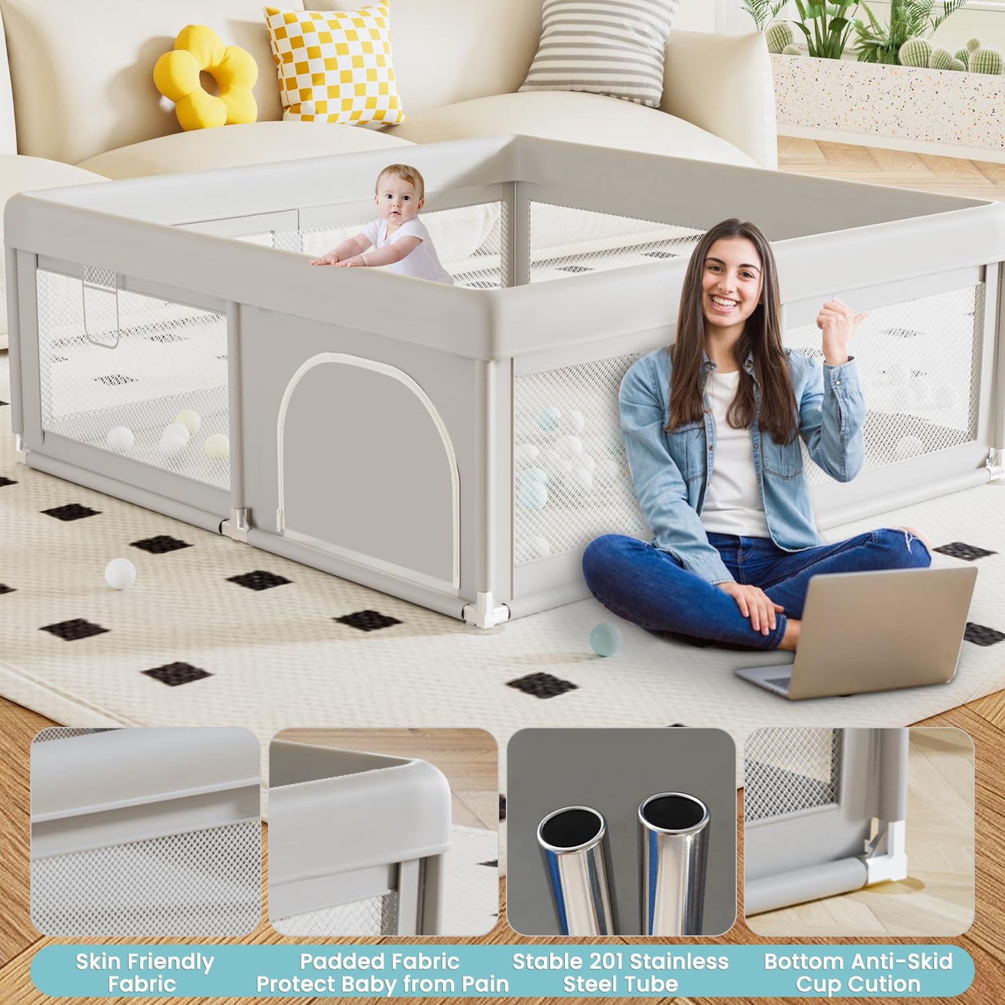 Hiaksedt Baby Playpen 50x50 Inch, Play Pens for Babies and Toddlers Baby Fence Play Yards for Indoor & Outdoor with Breathable Mesh Anti-Fall Playpen