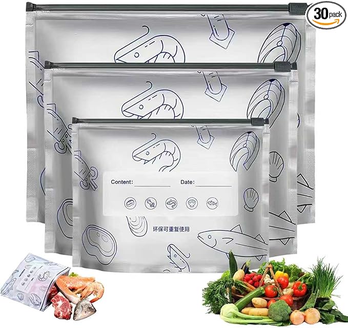 30PCS Reusable Aluminum Foil Storage Bags – Resealable Stand-Up Zip Lock Pouches with Labels, Durable Vacuum Sealable Bags for Vegetables, Fruit, Meat & Snacks (3 Sizes)