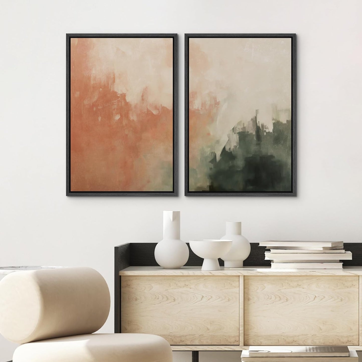 SIGNWIN Framed Canvas Print Wall Art Set Color Fade Abstract Landscape Earthy Terracotta and Forest Green Illustrations Modern Minimal Decorative for Living Room, Bedroom, Office - 16"x24"x2 Black