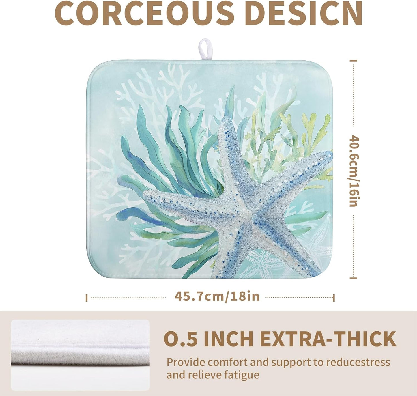 Summer Coastal Dish Drying Mat for Kitchen Counter Nautical Beach Starfish Coral Dish Drying Pad Ocean Teal Blue Dish Mat Absorbent Microfiber Dishes Drainer Mats 16"x18"