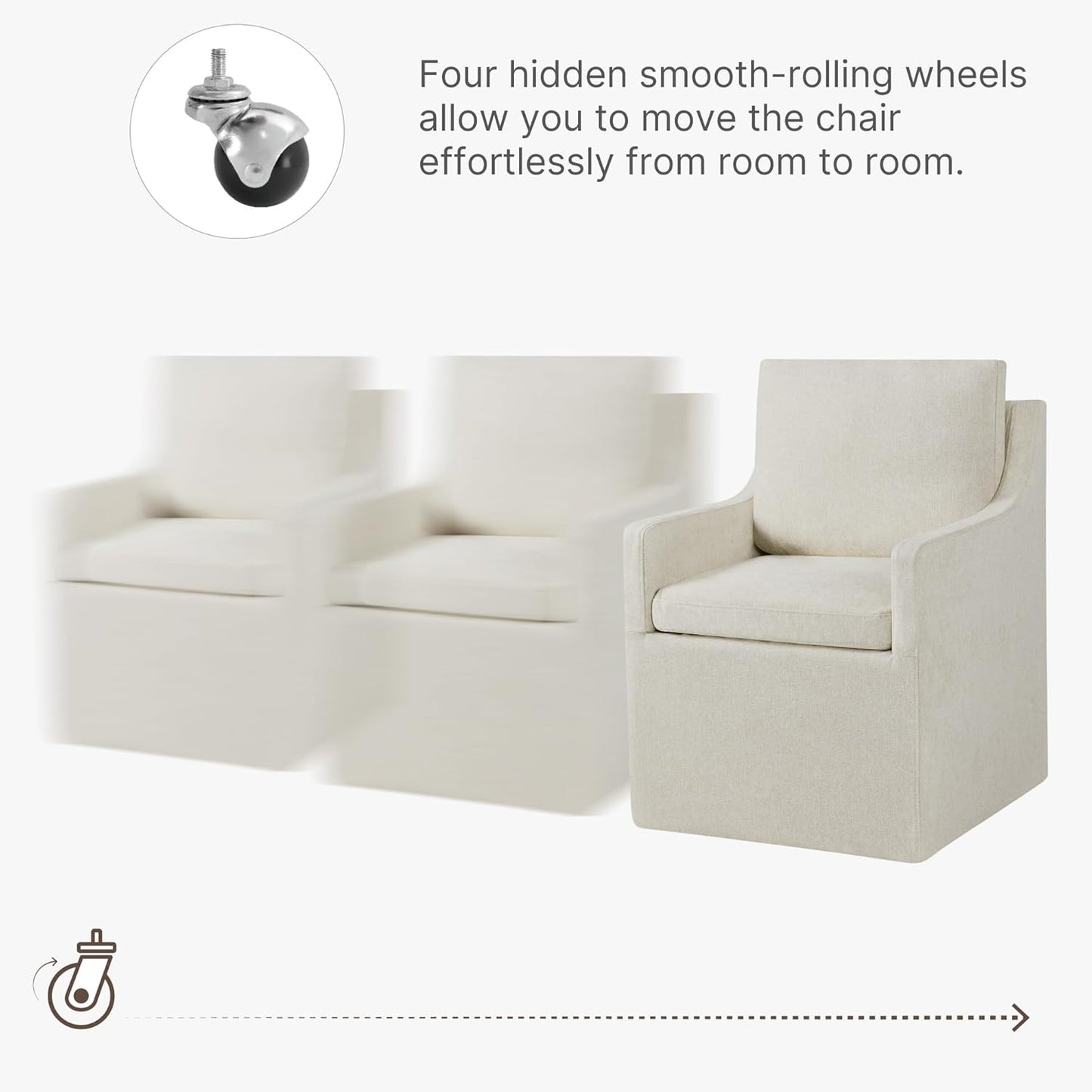 Upholstered Dining Chairs with Casters Washable Cover Side Deskchair with Rollers for Diningroom, Living Room, Cream Beige, 1 Box