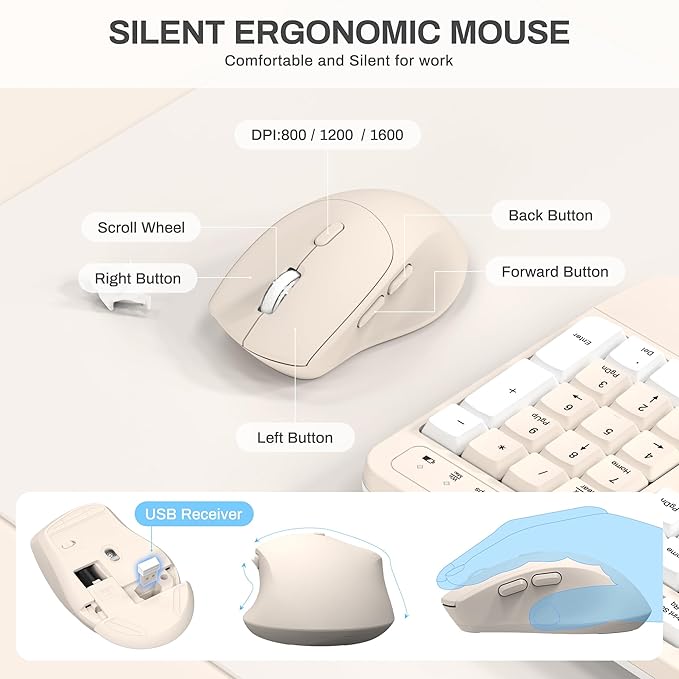 Ergonomic Wireless Keyboard and Mouse Combo, Wave Keys Keyboard with Wrist Rest for Natural Typing, 3 DPI Adjustable Ergonomic Silent Mouse for Computer/Laptop/Windows/Mac (Latte Color-A)