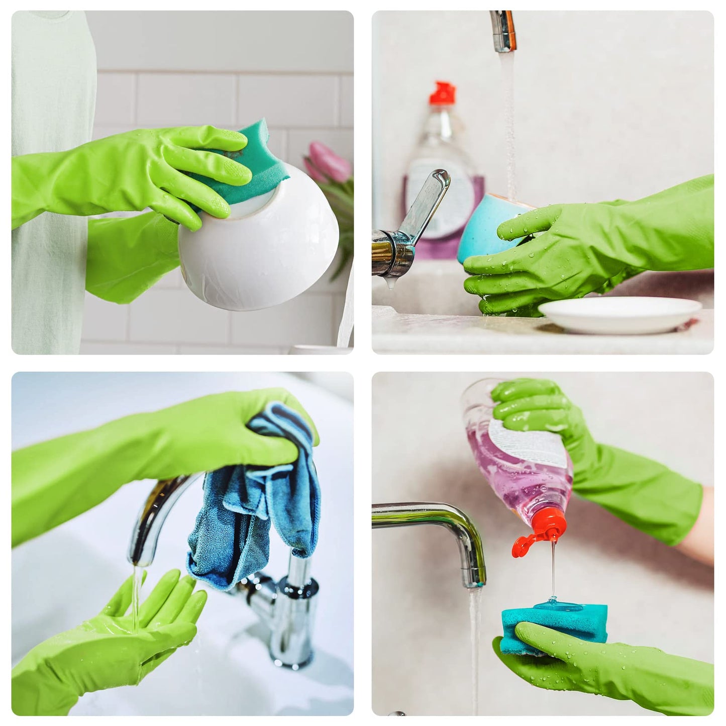 Disfore Rubber-Gloves Dishwashing Gloves for Cleaning-Kitchen - 2 Pairs of Durable and Reusable Kitchen Glove，Long Sleeve Waterproof Household Cleaning Gloves for Washing Dishes (Medium Green)