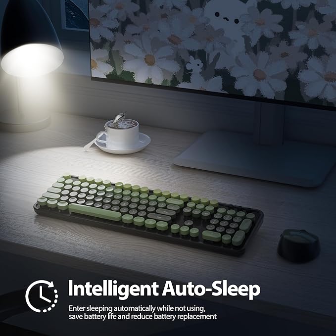 Owpkeenthy Keyboard and Mouse Wireless, Cute Retro Full-Size Cordless Keyboard with Number Pad 2.4 GHz Wireless USB Receiver for Computer (Dark Green)