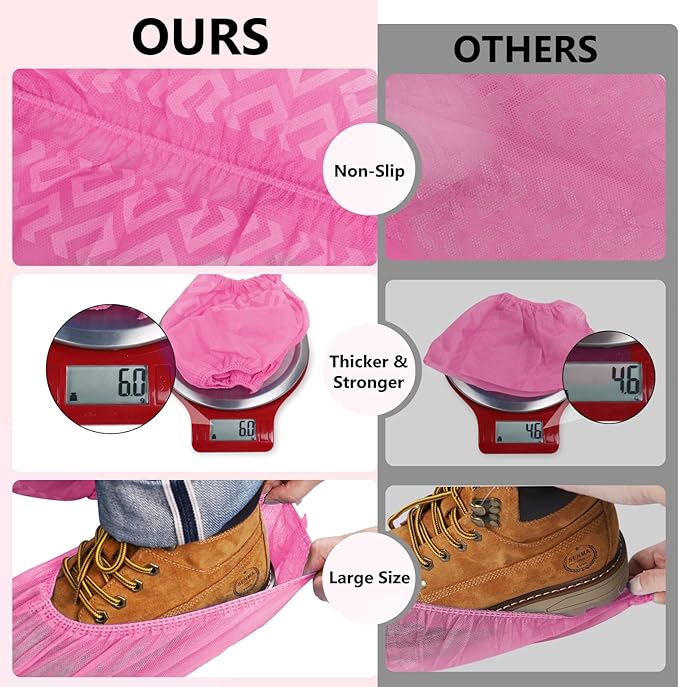 squish Shoe Covers Disposable Non Slip, 100 Pack(50 pairs) Pink Thick Extra Disposable Boot Covers Slip Proof Shoe Cover for Indoors Outdoors Durable Protector Covers Fits Virtually Most Shoes