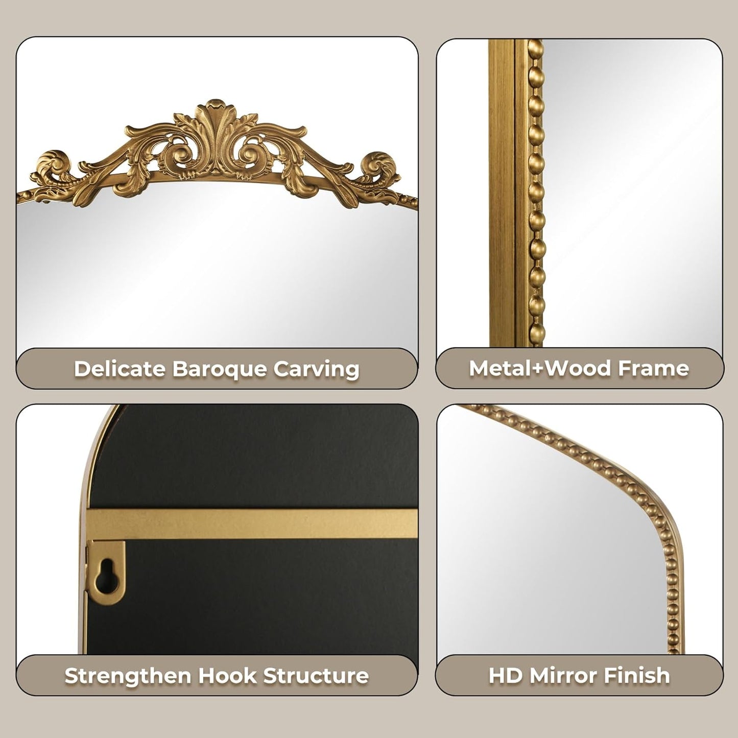 Gold Antique Mirror 40” x 30”, Large Ornate Mantel Mirrors with Arch Frame, Vintage Mirror Over Fireplace, Decorate Gold Beaded Frame for Living Room/Entryway/Dresser