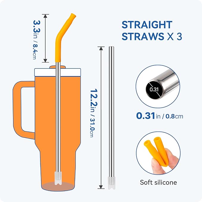 Reusable Metal Straws with Silicone Tip for Stanley 40oz,Stainless Steel Drinking Straws for 40oz Tumbler,3 Straight Tubes & 6 Tips& 1 Cleanr Brush(Bright Lime)