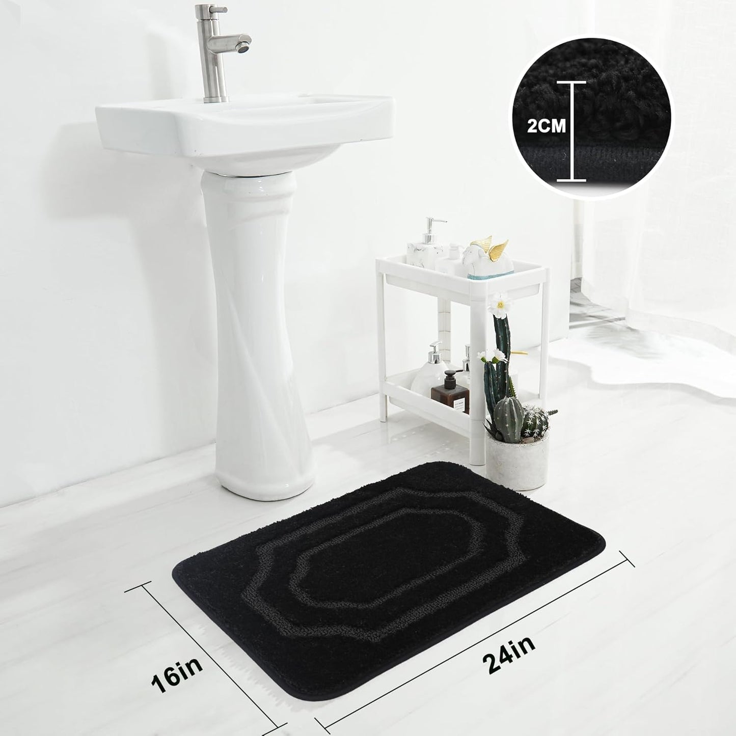 BEQHAUSE Bathroom-Rugs-Non-Slip-Bath-Mats for Bathroom Soft and Absorbent Polyester Microfiber Black Bath Mat Machine Washable Shaggy Shower Mat for Bathrooms, Bathtub and Sink,16" x24”