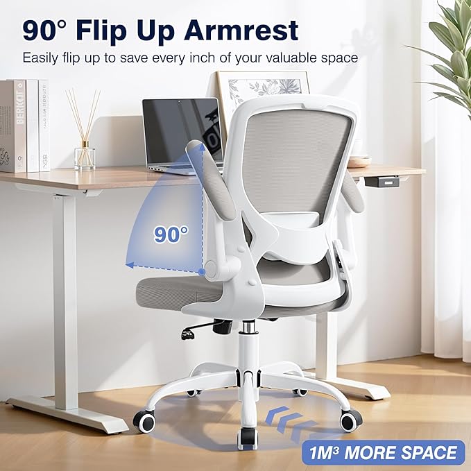 Ergonomic Office Chair, Mesh Computer Chairs with Lumbar Support, Swivel Desk Chair with Flip-up Arms and Adjustable Height, Light Gray