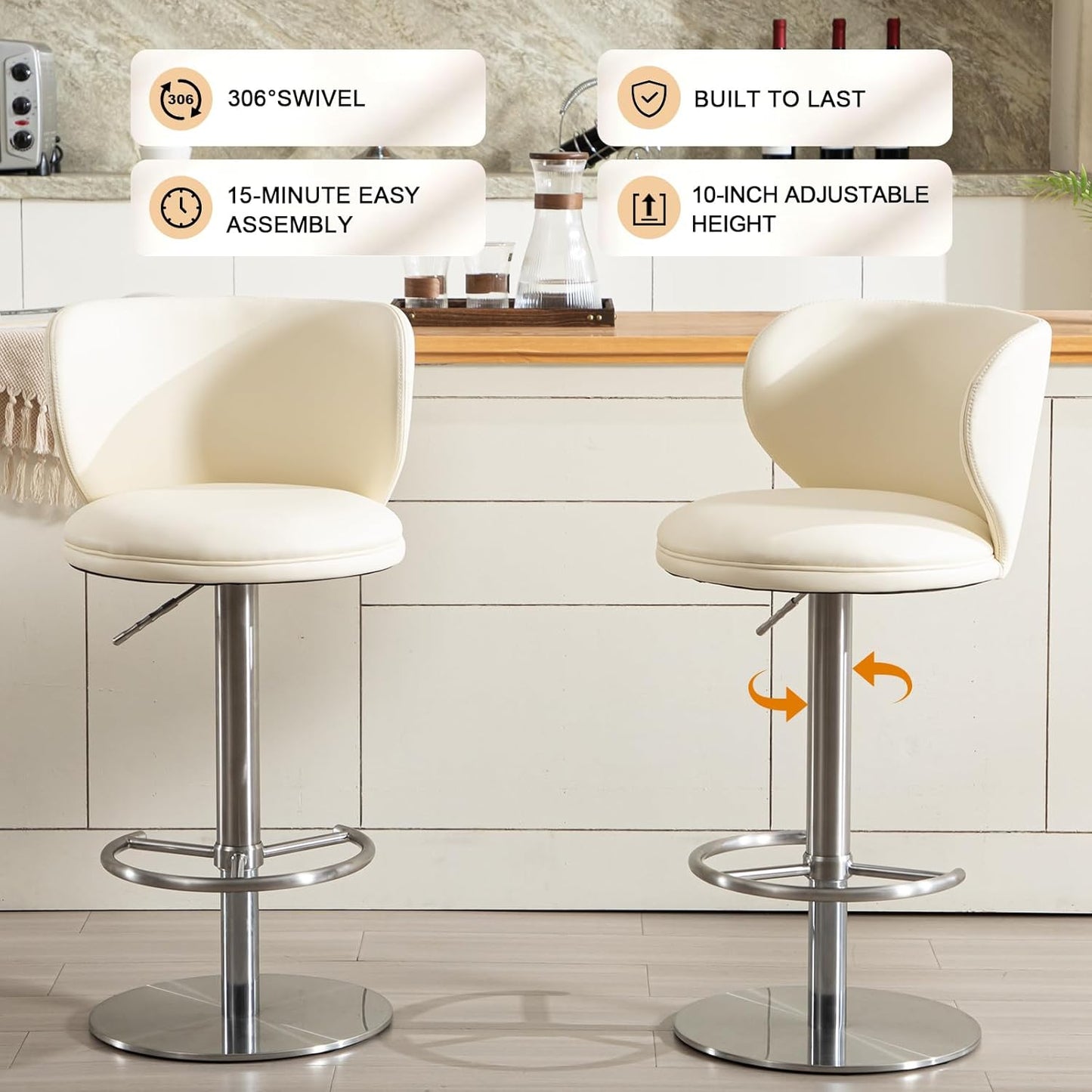 RAINMOOD Bar Stools, Adjustable Swivel Barstools with Back and Footrest, Faux Leather Upholstered, Stainless Steel Base, for Kitchen Counter, Bar, Dining Room