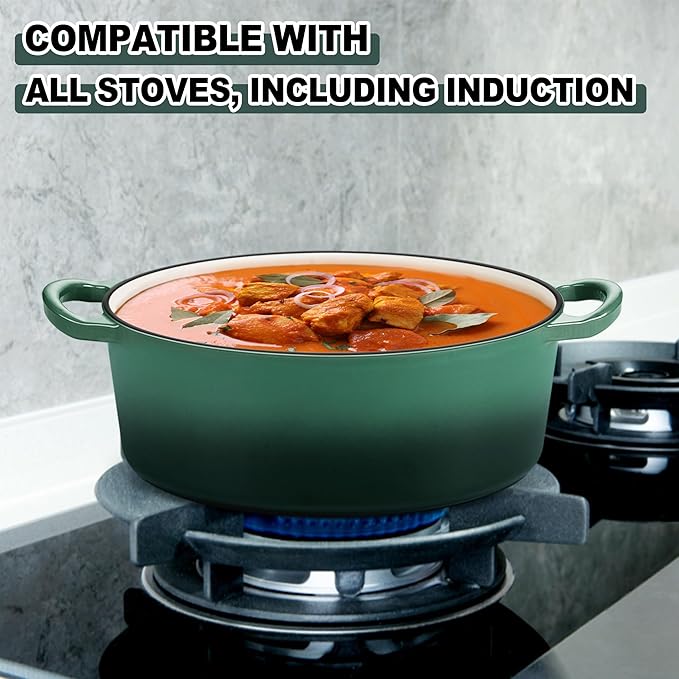 E-far 7QT Oval Dutch Oven Pot with Lid, Enameled Cast Iron Dutch Oven with Dual Handles, Heavy-Duty Cookware for Sourdough Bread Baking, Braising, Stews, Oven Safe & Easy Clean, Dark Green