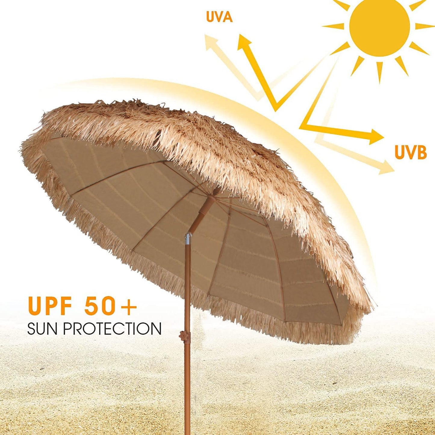 AMMSUN 7.5ft Hula Thatched Tiki Patio Beach Umbrella Hawaiian Style 10 Ribs UPF 50+ with Tilt Carry Bag for Outdoor Tiki Bar, Tropical Palapa, Patio Garden Beach Pool Backyard Natural Color