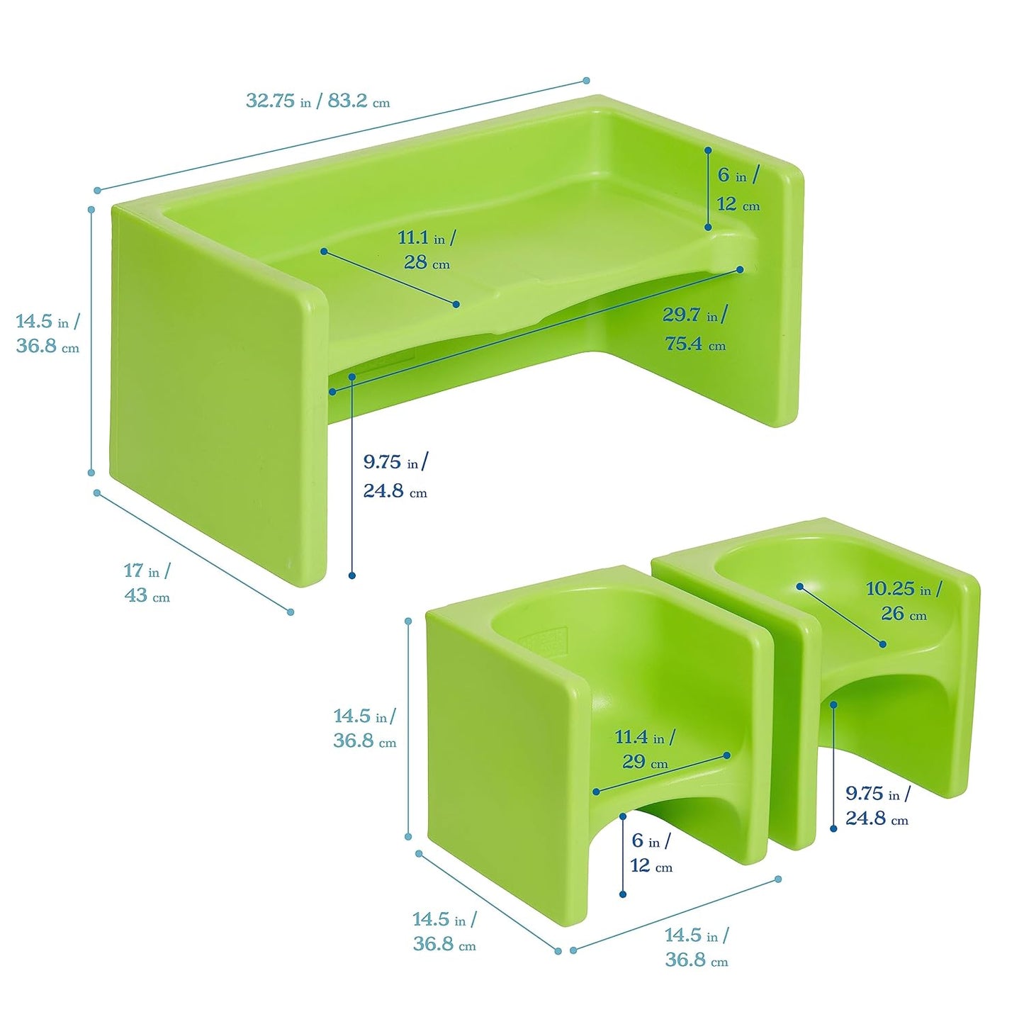 ECR4Kids Tri-Me Table and Cube Chair Set, Multipurpose Furniture, Lime Green, 3-Piece