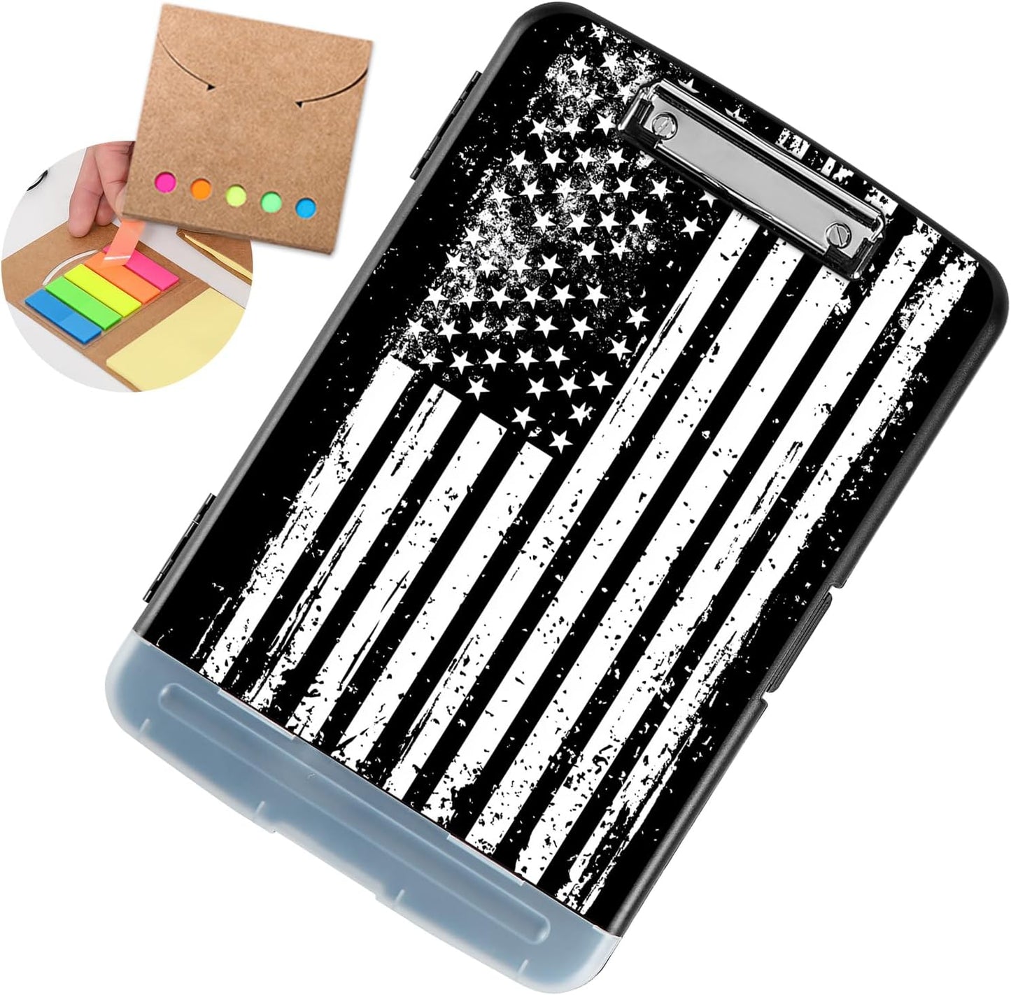 Clipboard with Storage - Large Capacity,Nursing Clipboard with Pen Holder,Heavy Duty,Plastic Side-Opening Folder for Teacher,Nurse - Black and White American Flag