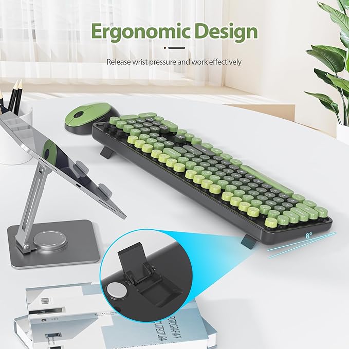 Owpkeenthy Keyboard and Mouse Wireless, Cute Retro Full-Size Cordless Keyboard with Number Pad 2.4 GHz Wireless USB Receiver for Computer (Dark Green)