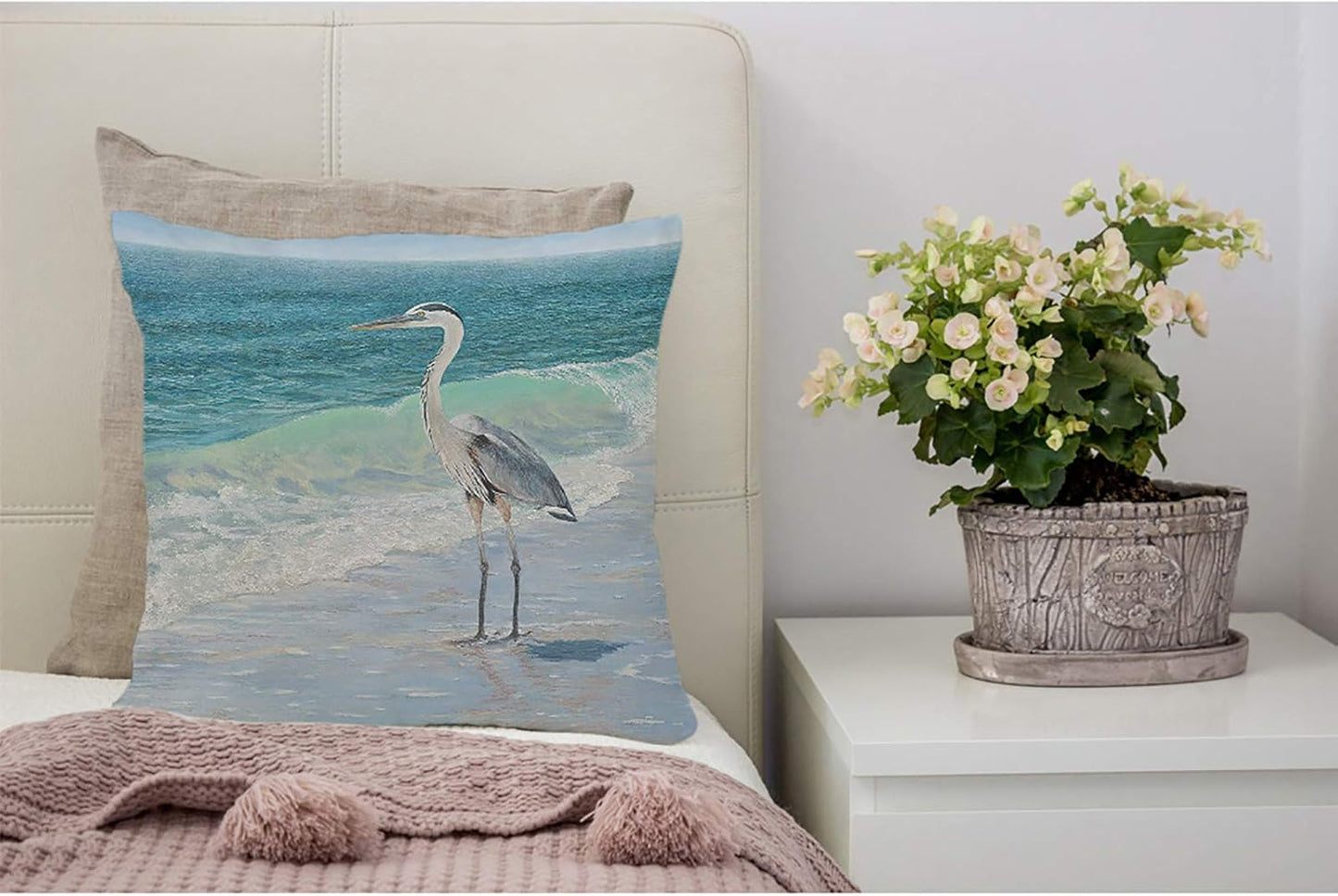 Throw Pillow Covers Blue Heron On The Beach Sea Wave Watercolor Painting Cotton Cotton Linen Decorative Square Pillowcases Cushion Cover 18 X 18 Inch