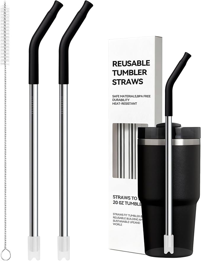 Metal Straws With Silicone Tip For Stanley Adventure Quencher H2.0 Tumbler 14 oz 20 oz, Short Straw Replacement Stainless Straws Reusable For STANLEY Cups 14oz,20 oz, Dishwasher Safe(Black)