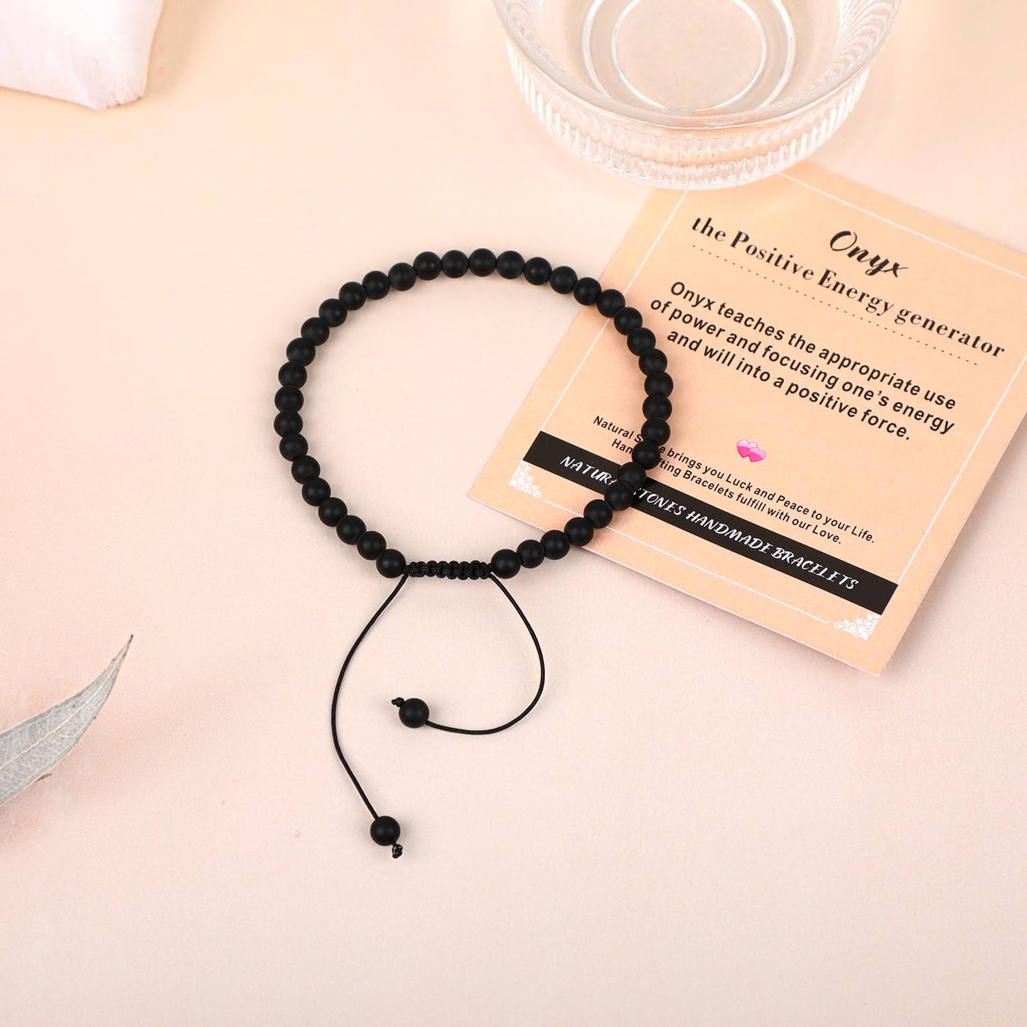 AD Beads 4mm Matte Onyx - Positive Energy - Handmade Natural Stone Crystal Bracelet with Adjustable Macrame String - Yoga Healing Power Energy Gifts for Men and Women