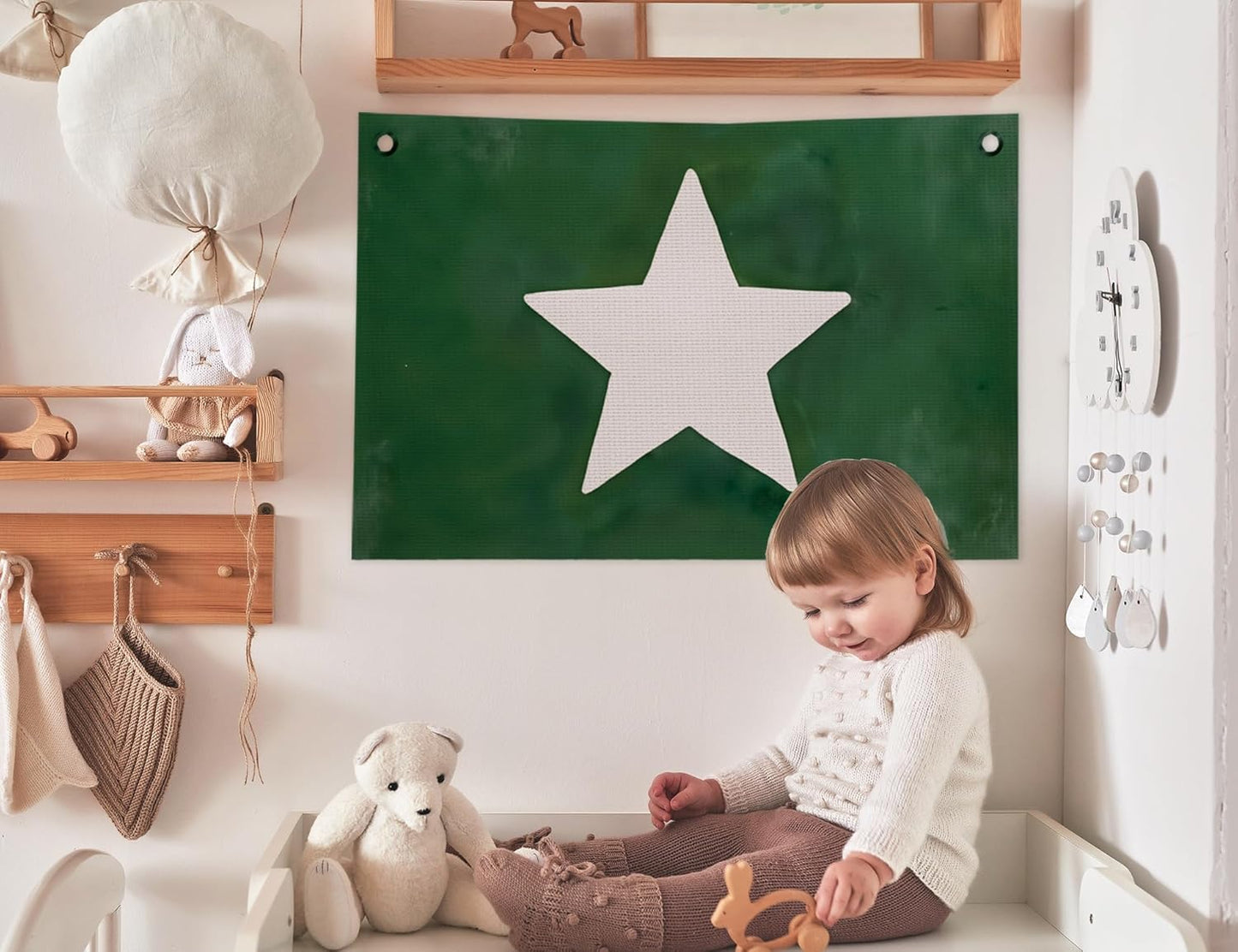 Retro Hand Drawn Star Wall Decor for Boys Room,Boy Nursery White Star Dark Green Canvas Banner Wall Art,Trendy Flag Decor for Kids Baby Little Boys Room Bedroom Playroom, 20x30 in