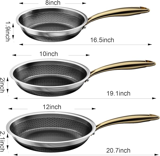 FogDream 3 Pcs Non Stick Frying Pans with 3 Lids, 8, 10 & 12 Inch Stainless Steel Skillets, Tri-Ply Stainless Steel for All Cooktops, Dishwasher & Oven-Safe Cooking Pan, Stay-Cool Handle, Gold