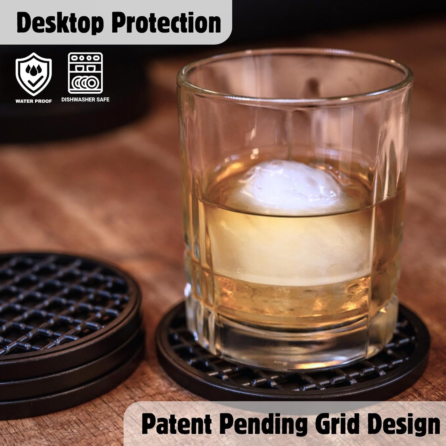 Ultimate Drink Coasters with Holder,[4 Pack] Drinking Coasters - Cup Coaster for Hot or Cold Drinks, Durable, Non-Slip, Non-Stick, Black (Black)