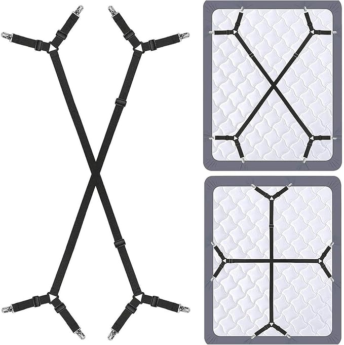 Bed Sheet Straps, Adjustable Durable Bed Sheet Holder Straps with Metal Clips, Elastic Sheet Holders Keep Sheets Firm & Tight 2PCS Black