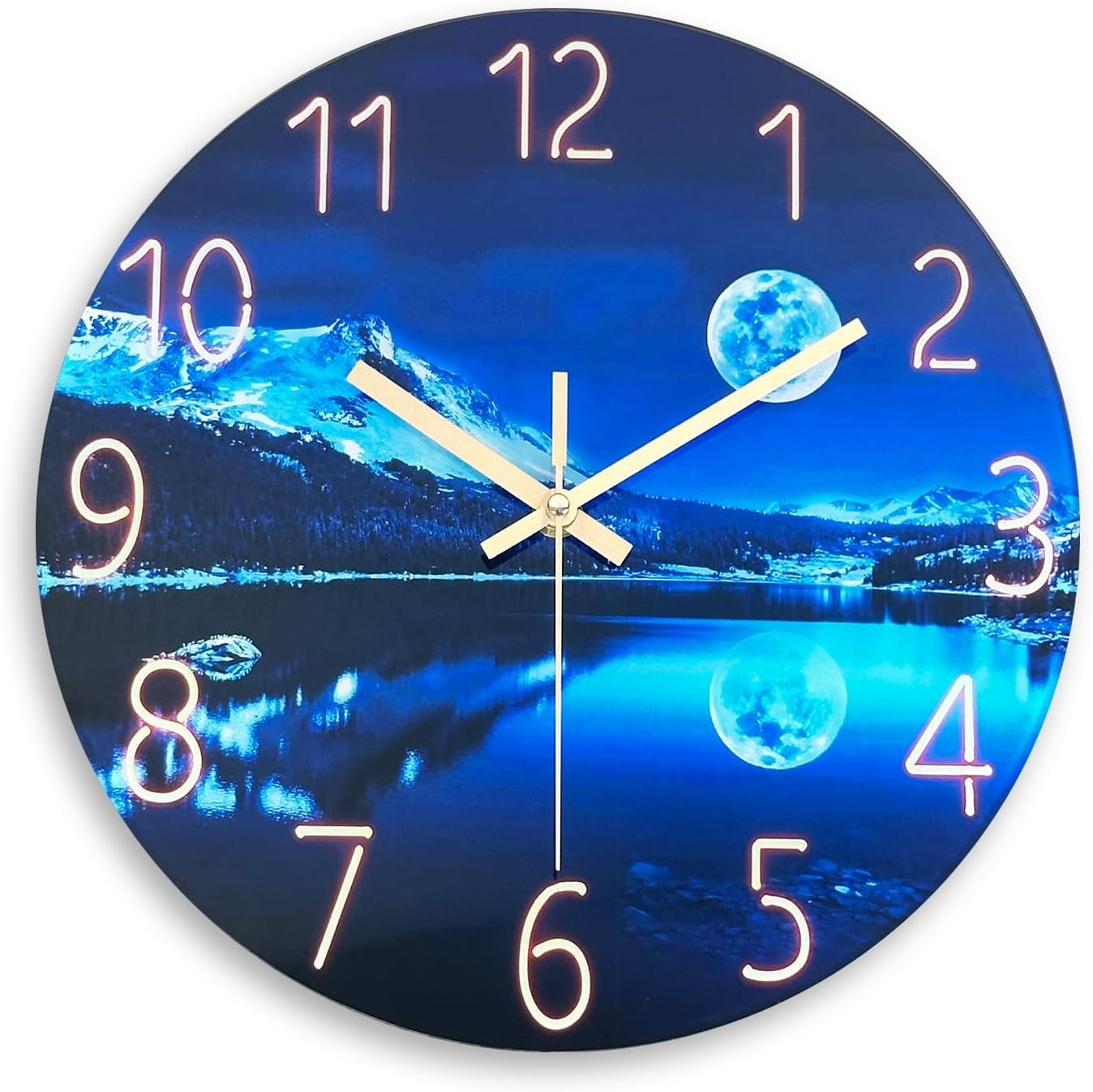 Blue Wall Clocks for Living Room 14 Inch Analog Wall Clock Battery Operated Moon Clock for Kitchen