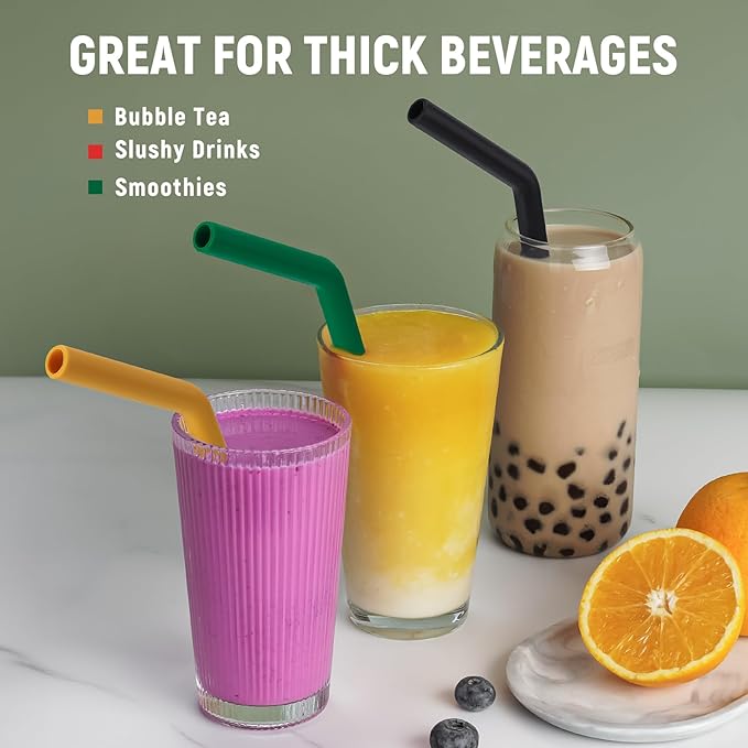 NiHome 6-Pack Extra Wide Reusable Bent Silicone Straws for Boba, Smoothies, Bubble Tea, Bent Christmas Color Straws Eco-Friendly & Colorful for Thick Drinks, Child-Safe, Customizable Length, 2 Brushes