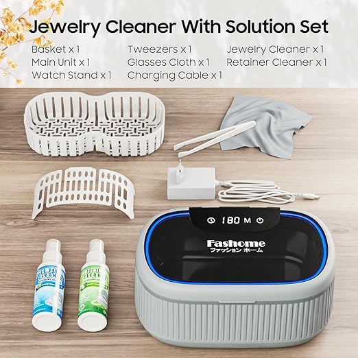 Ultrasonic Cleaner Set with Basket and Holder-45KHz 20oz w/Light & Degas, 200ML Jewelry and Retainer Cleaner Solution for All Jewelry, Rings, Eyeglasses (Gray, Ultrasonic Cleaner+Cleaning Solution)