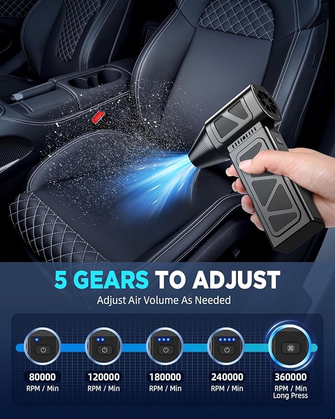 Compressed Air Duster, 360000RPM Powerful Electric Air Duster with Brushless Motor, 5-Gear Rechargeable Cordless Air Blower Turbo Fan, Mini Jet Dry Blower for PC, Keyboard, Snow, Car, Outdoors
