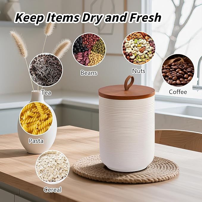 Food Storage Jar Strong Ceramic Storage Canisters with Airtight Wooden Lid,Kitchen Storage Containers for Serving Coffee Beans, Tea, Sugar, Salt, Spices (Medium white 27 oz)