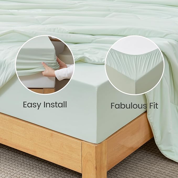 Cozy Bliss Premium Cooling Sheet Set King Size, Q-Max>0.4, 3PCS No Flat Sheet with 2 Pillowcases, Breathable Fitted Sheet for Hot Sleepers & Night Sweats, Deep Pocket Up to 18 Inches, Light Mint Green
